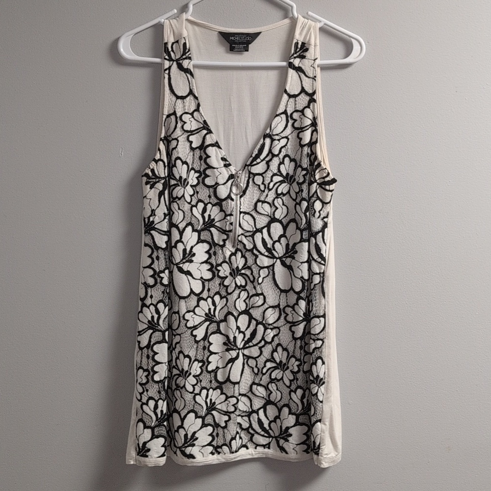 Michel Studio Black And White Floral Lace Tank With Zipper Front, 1X